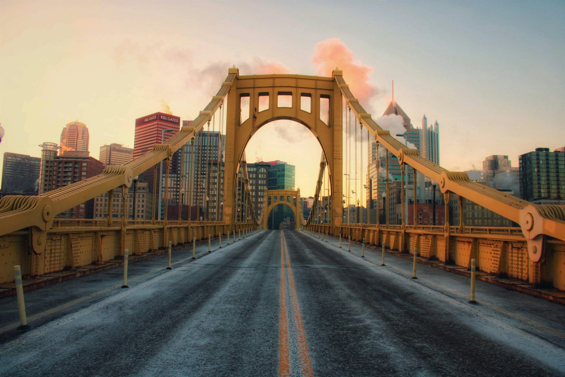 Roberto Clemente Bridge in Pittsburgh, Pennsylvania — gateway to the city skyline